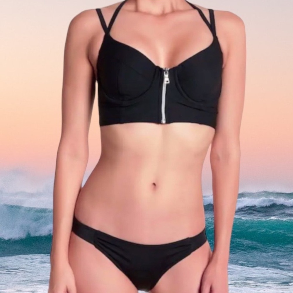 $148 Miraclesuit Supportive Strappy Bikini Top 12 Black Zip Swim Underwire NWT